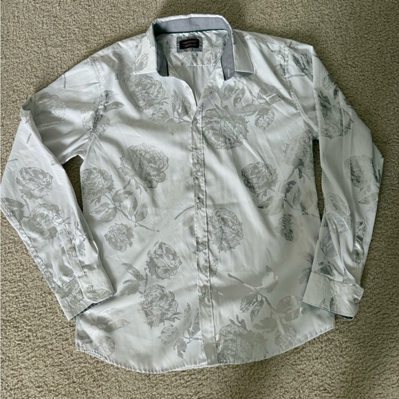 Men's White and Silver Floral Button-Down Shirt - Picture 1 of 4